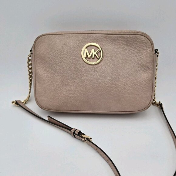 MICHAEL KORS Womens Fulton LG EW Crossbody Bag Purse Fawn Leather Gold MK Logo - Picture 1 of 8